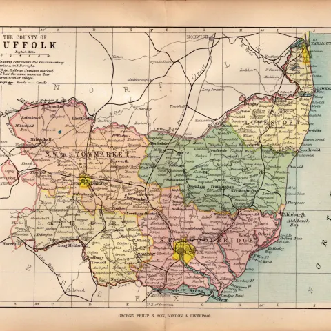 County of Suffolk 1895 Antique Victorian Coloured Map.
