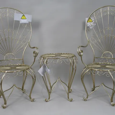Pair of Contemporary Gold Metal Conservatory Chairs & Table