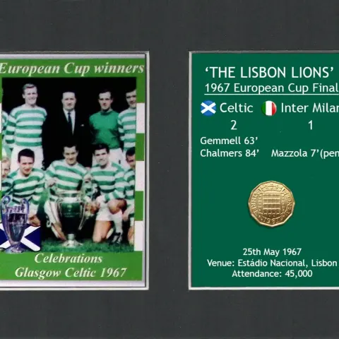 Champions Celtic FC European Cup Mount & Original Half-Crown Coin Metal Art