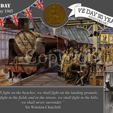 VE Day 80th Anniversary London Evacuees Designed Metal Art Coin Display