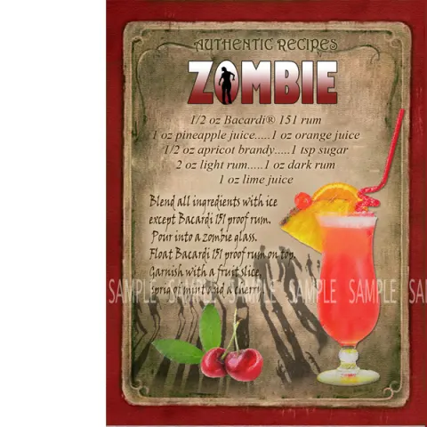 Zombie Cocktail Designed Recipe Metal SignCocktail Authentic Recipe Metal Sign Approx Size 16" x 12"