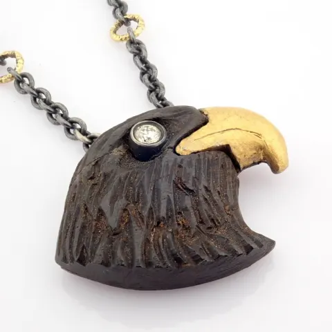 Ebony-Carved Eagle Head Necklace , Detailed With Brilliant Diamonds and 18K Gold On Silver