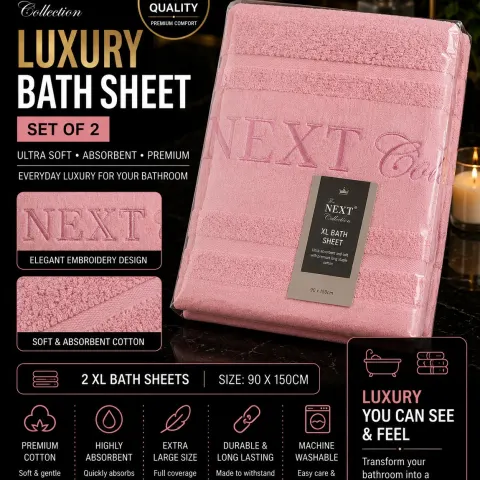 NEXT Collection Luxury Dusty Pink XL Bath Sheets – Set of 2 | 90 x 150cm | Premium Cotton | Hotel Qu