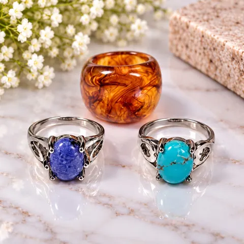 Set of Three Rings with Blue, Turquoise & Amber-Tone Stones