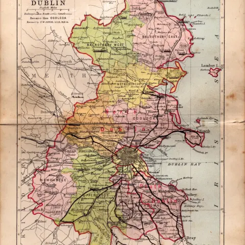 County Of Dublin Ireland Antique Detailed Coloured Victorian Map.