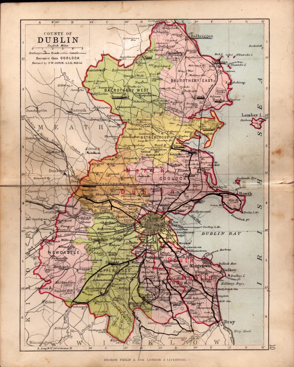County Of Dublin Ireland Antique Detailed Coloured Victorian Map.