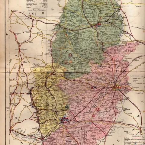 The County of Nottingham Large Victorian Letts 1884 Antique Coloured Map.