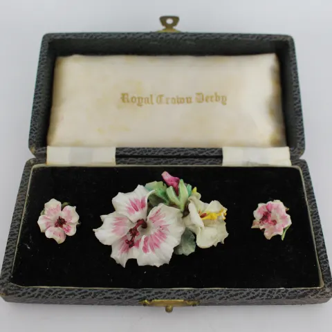 Vintage Royal Crown Derby Cased Floral Brooch & Earring Set