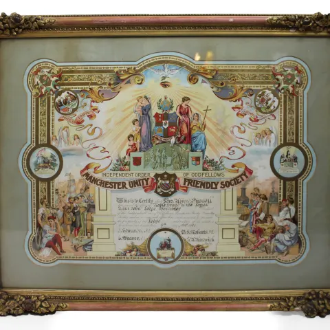 Edwardian Coloured Calligraphic Freemason Artwork Set in Gilt Frame