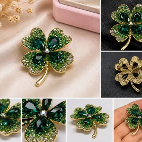 Green Four-Leaf Clover Brooch with Sparkling Crystals