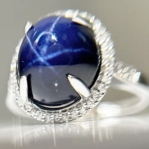 Beautiful 8.63 CT Unheated Ceylon Star Blue Sapphire With Natural Diamonds & 18k Gold