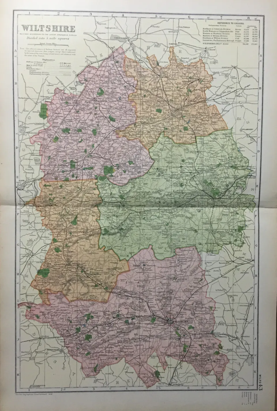 Coloured Antique Large Map County Wiltshire  GW Bacon 1904.