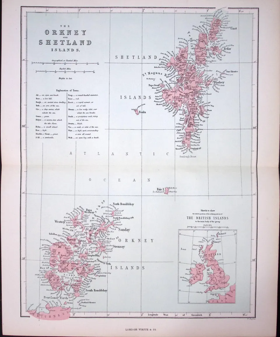 Orkney & Shetland Isles Scotland 150 Years-Old Coloured Antique 1875 Map-17