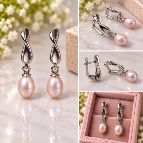 Elegant Pearl Drop Earrings with Silver Tone Twist Design