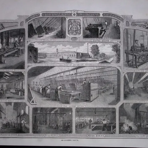 Enfield Royal Small Arms Factory 165 Years-Old  Antique Woodcut Engraving