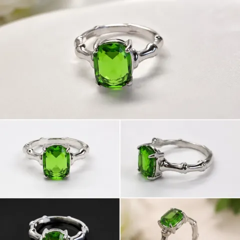 Green Gemstone Adjustable Silver-Tone Ring