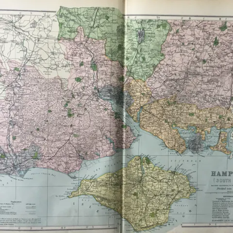 Coloured Antique Large Map South Hampshire  GW Bacon 1904.
