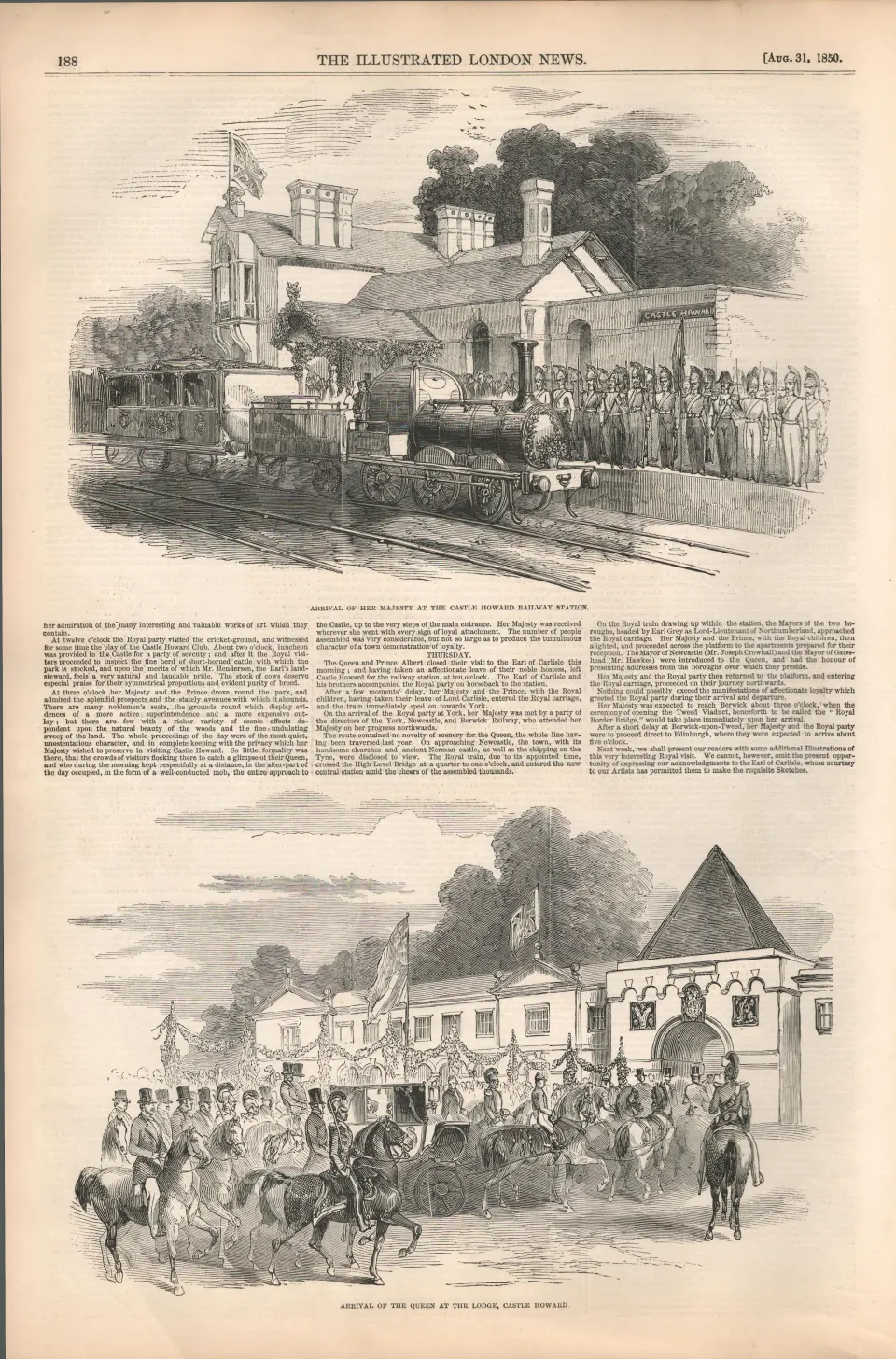 1850 Antique Newspaper  Queen Victoria at Castle Howard Railway Station.