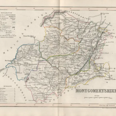 Montgomeryshire Historic County of Wales 1850 Antique Map.
