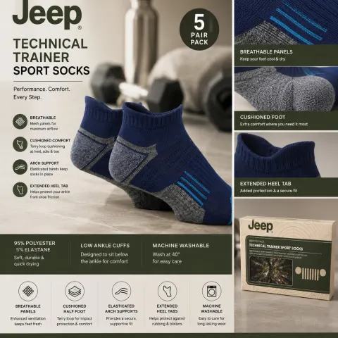 Jeep Technical Trainer Sport Socks – 5 Pair Pack | Performance Cushioned Sports Socks