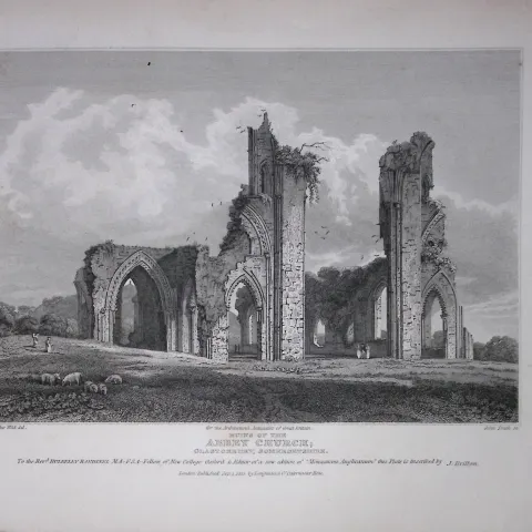Glastonbury The Abbey Church 190 Years-Old Rare John Britton Antique Steel Engraving-135