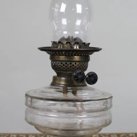 British Oil Lamp with Clear Glass Font and Bronze Base, c.1920