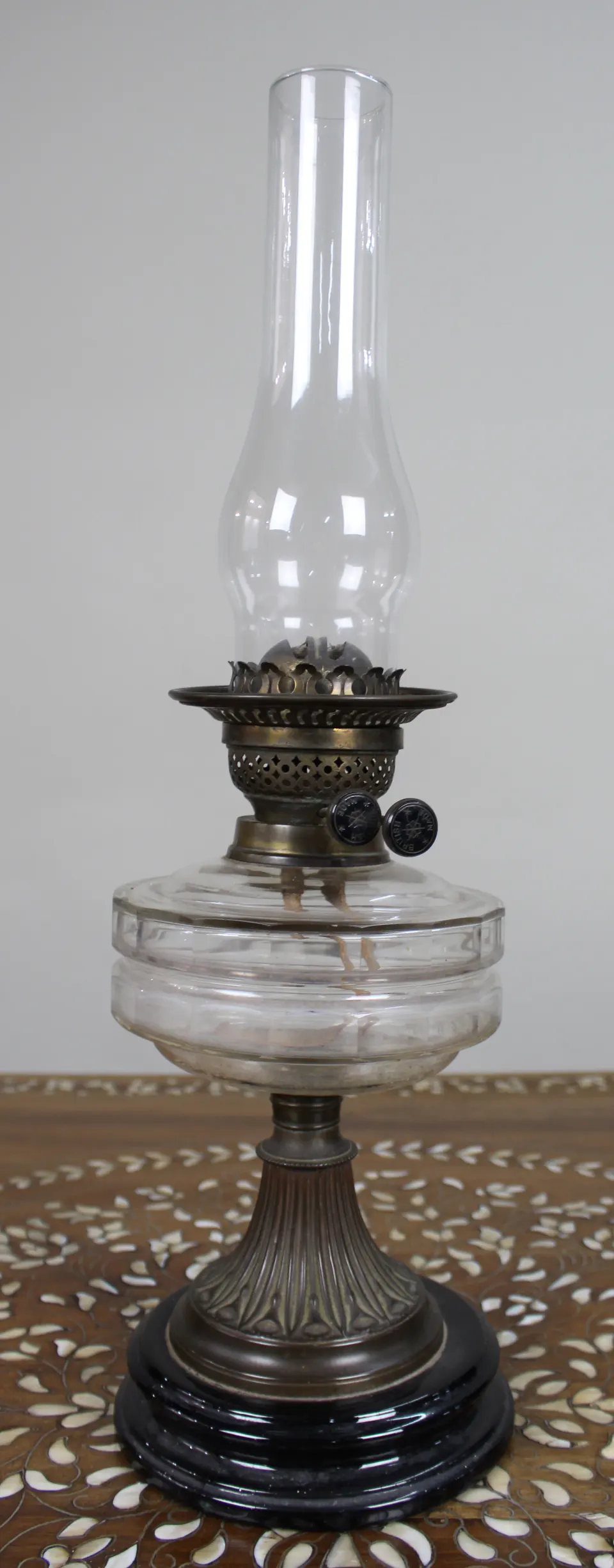 British Oil Lamp with Clear Glass Font and Bronze Base, c.1920