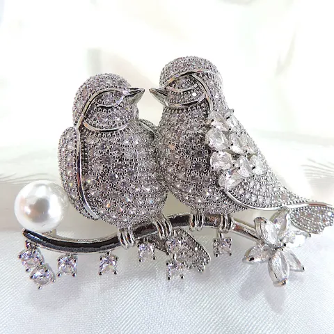 Silver White Zircon Gemstone Lovebirds Brooch With Gift Box