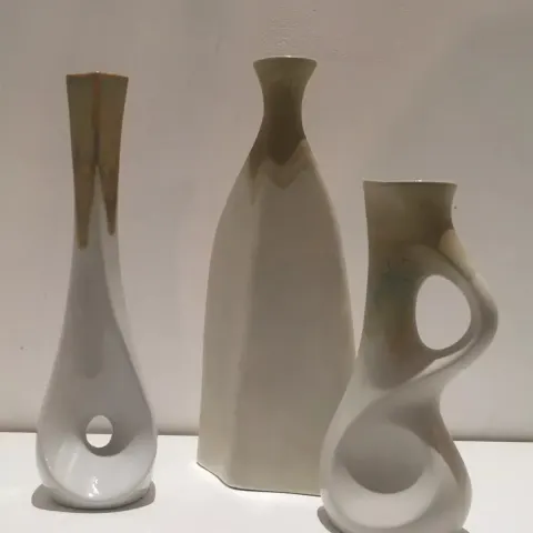 Circa 1970s ‘Sgrafo Modern’ Swirl, Sale and Twist Vase Trio Display of German Mid Century Design