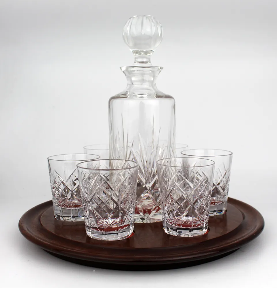 Cut Glass Crystal Decanter & 6 Glasses on Mahogany Stand