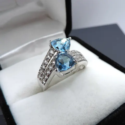 Sterling Silver 3 Carat Blue & White Topaz Ring New With Gift Box