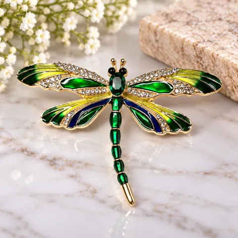 Green Enamel & Crystal Dragonfly Brooch