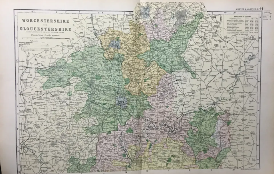 Coloured Antique Large Map Worcs & Glos North GW Bacon 1904.