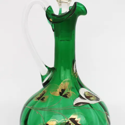 Antique Hand Painted Green Glass Claret Jug