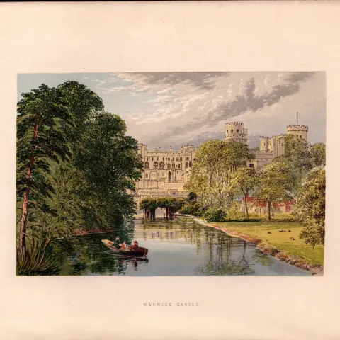 Warwick Castle Warwickshire  Gilt-Edge Coloured Antique Book Plate.