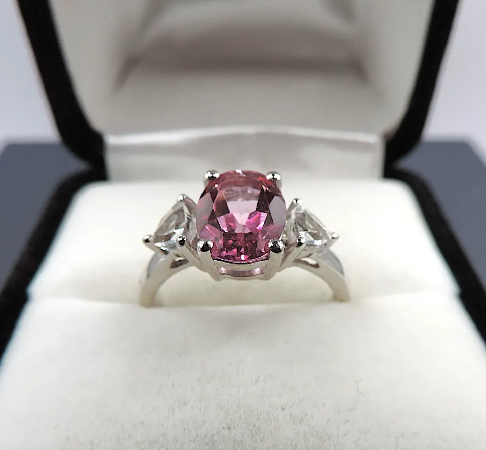Sterling Silver Pink & White Topaz Ring New With Gift Pouch