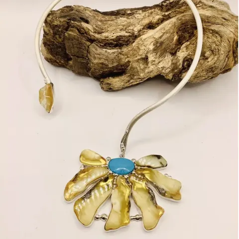 Artisan Bespoke Unique 925 Silver Amber Turquoise Flower Pendant Torque Necklace
