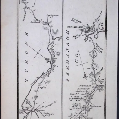 Ireland 245 Years -Old Antique Road Map Omagh, Enniskillen,-254