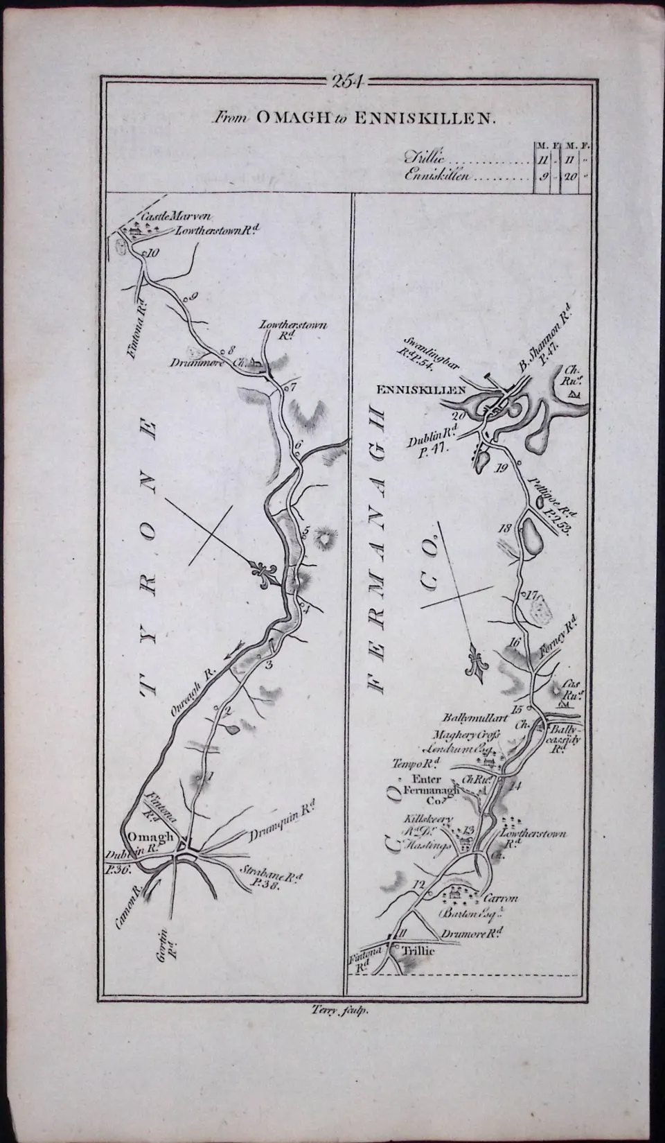 Ireland 245 Years -Old Antique Road Map Omagh, Enniskillen,-254