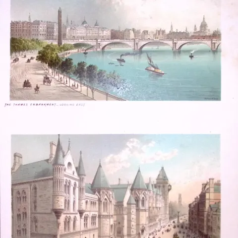 London Thames Embarkment & The Law Courts Victorian Antique Print-2