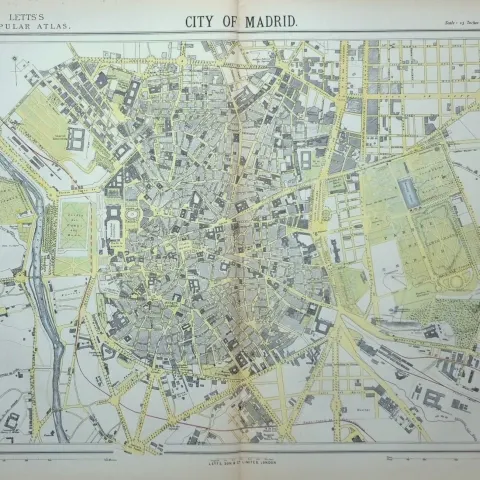 City of Madrid Spain Victorian Letts 1882 Antique Coloured Map.
