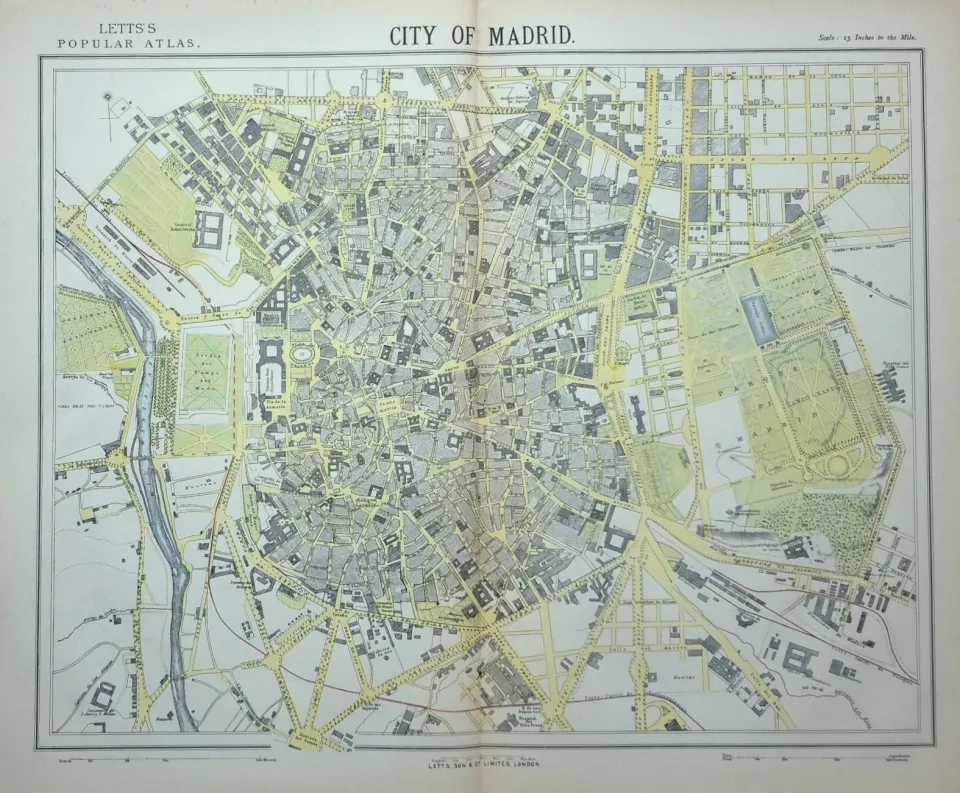 City of Madrid Spain Victorian Letts 1882 Antique Coloured Map.