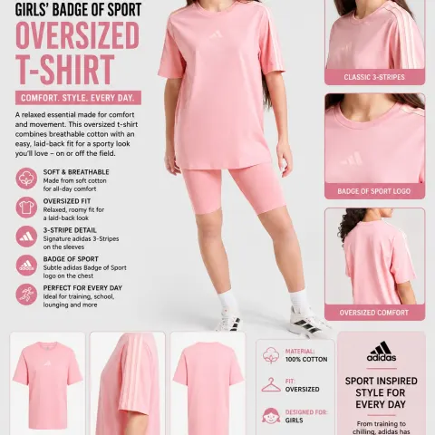 Adidas Girls Badge of Sport Oversized T-Shirt – Pink | Relaxed Fit Cotton Tee 11-12 years