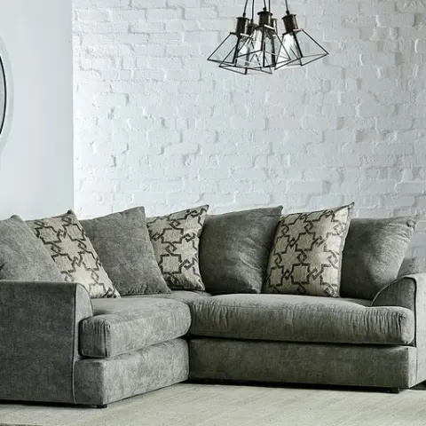 (2/Mez) RRP £949. Ferguson Corner Sofa Grey Fabric With 6x Cushions. Dimensions: (H79x W200x D200cm