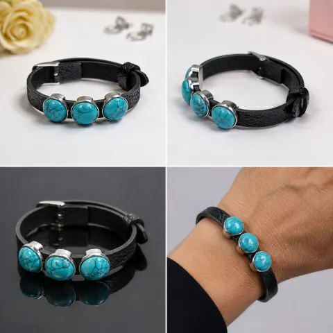 Black Leather Bracelet with Three Turquoise-Style Stones