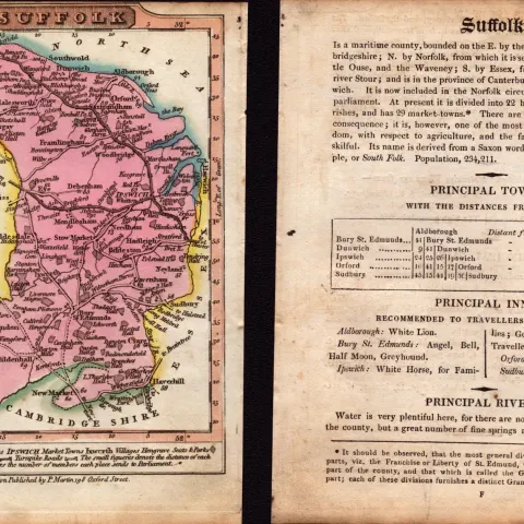 Suffolk Engraved Hand Coloured George IV Antique Map & Text.