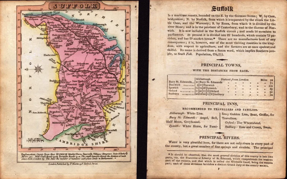 Suffolk Engraved Hand Coloured George IV Antique Map & Text.