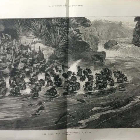 Zulu War Raiding Party Crossing a River Large Antique 1879 Woodgrain Print.