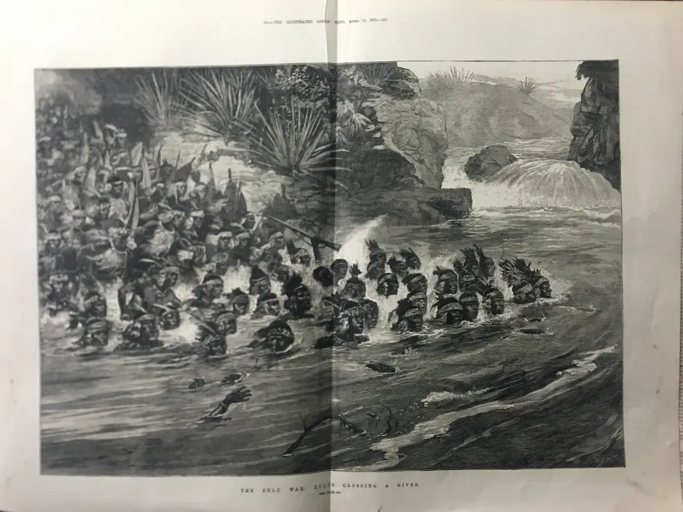 Zulu War Raiding Party Crossing a River Large Antique 1879 Woodgrain Print.