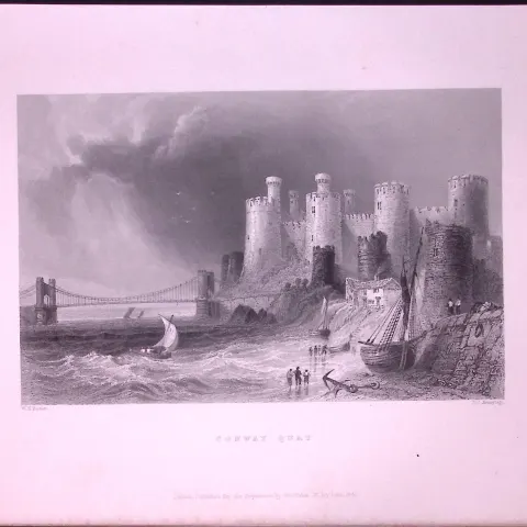 Conway Castle Quay Wales WH Bartlett 1842 Antique Steel Engraving-90